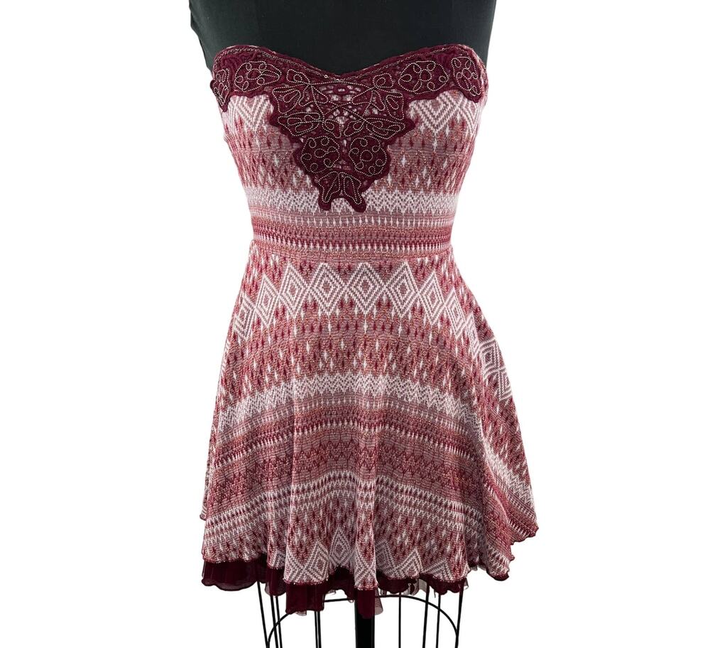 FREE PEOPLE Red Maroon Beaded Mesh Geometric Strapless Mini Fit & Flare Dress S